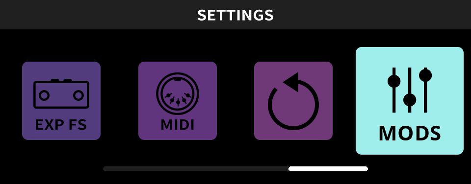 The pedal's settings menu: the tiles EXP FS, MIDI and RESET, and the selected MODS tile